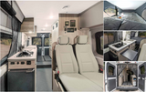 Spacious RV rental interior: kitchen, seating, and multiple sleeping areas, including a pop-top bed.