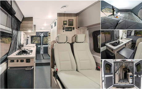Spacious RV rental interior: kitchen, seating, and multiple sleeping areas, including a pop-top bed.