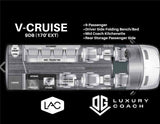 Explore this V-CRUISE luxury coach RV rental floor plan: 9-passenger with kitchenette, foldout bed, and ample storage.