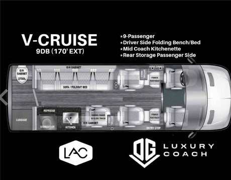 Explore this V-CRUISE luxury coach RV rental floor plan: 9-passenger with kitchenette, foldout bed, and ample storage.