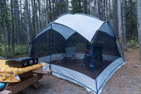 Forested campsite: screen house, picnic table w/ griddle. Perfect for an RV rental outdoor adventure.