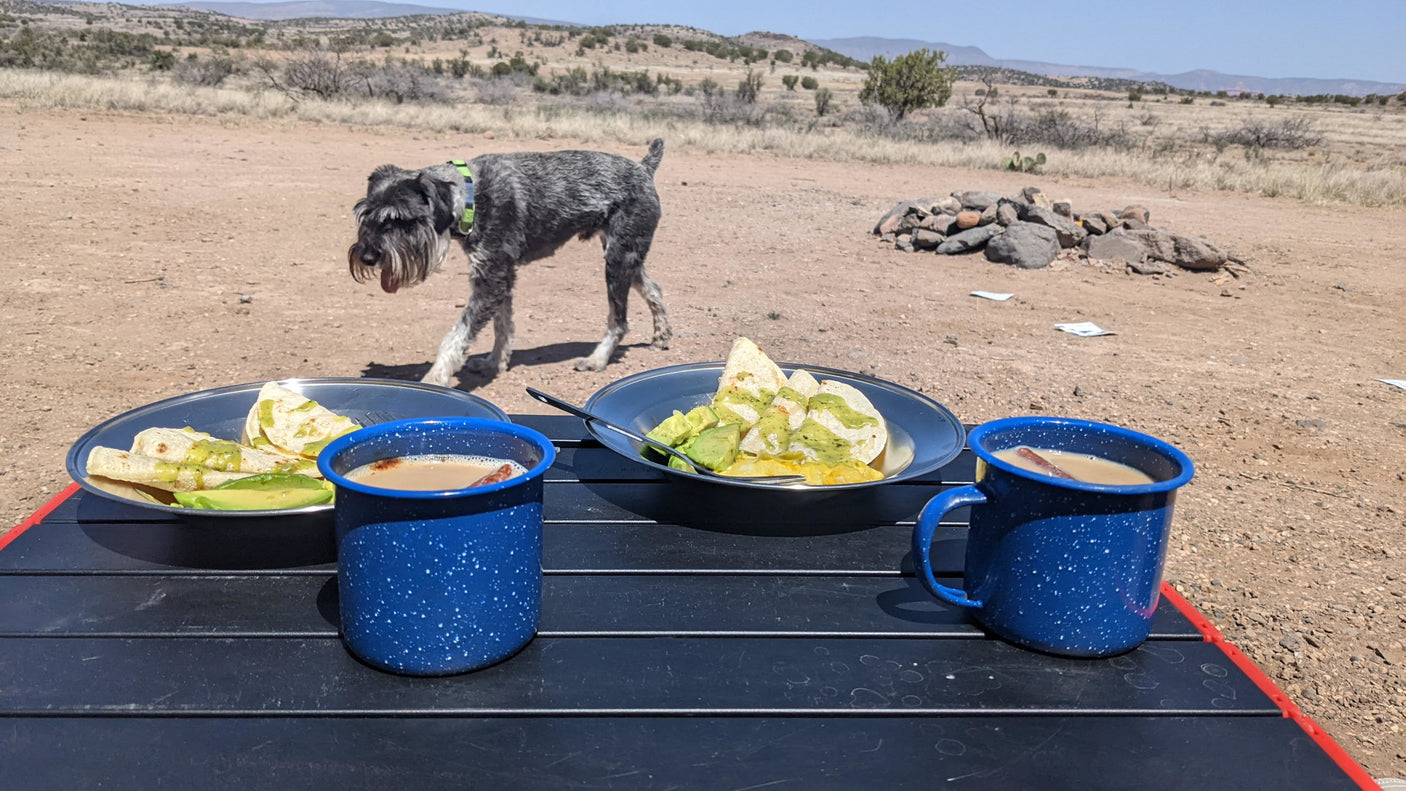 RV rental breakfast in the desert: plates of burritos, coffee, and a schnauzer dog by a camping table.