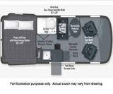 RV rental floor plan layout: compact camper van featuring convertible bed, wet bath, versatile seating, and storage.