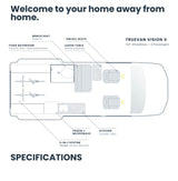 Explore the TrueVan Vision X RV rental's detailed floor plan, showing its compact bathroom, kitchen, seating, and flexible 3-in-1 system.
