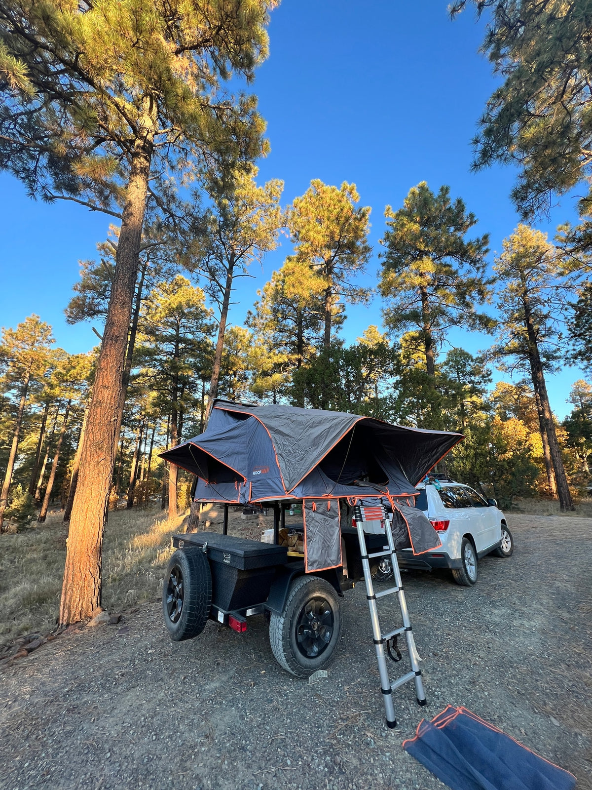 A gray rooftop tent on a utility trailer, with a ladder, is set up next to a white SUV in a sunny forest. Great for rv rental adventures.