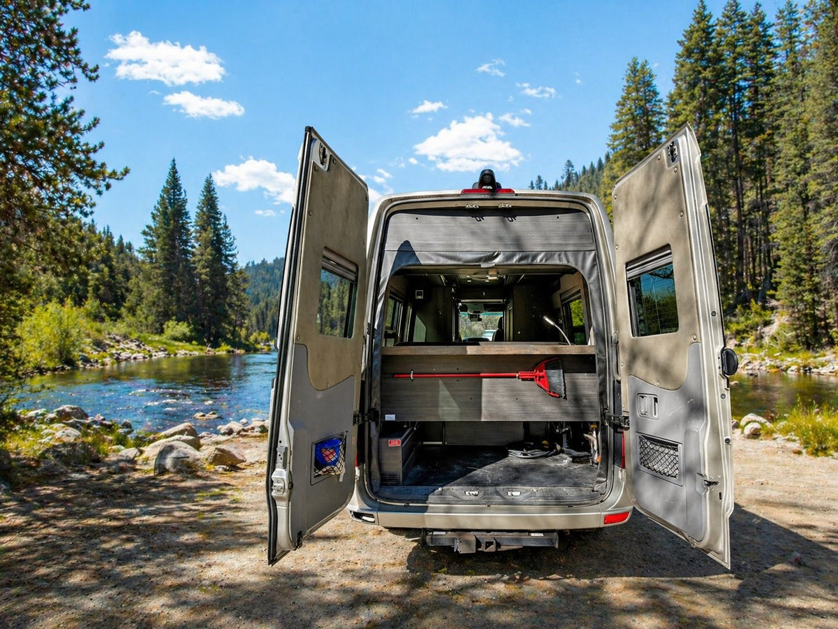 RV rental camper van with open rear doors, revealing storage, parked by a scenic river for forest adventures. — photo 9