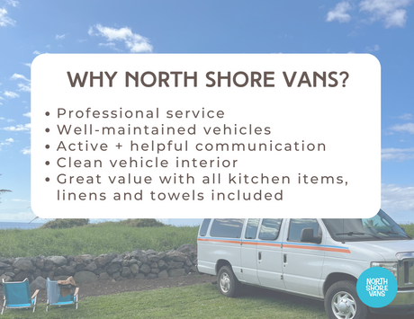 An RV rental van from North Shore Vans on a scenic ocean backdrop, highlighting their professional service and inclusions.