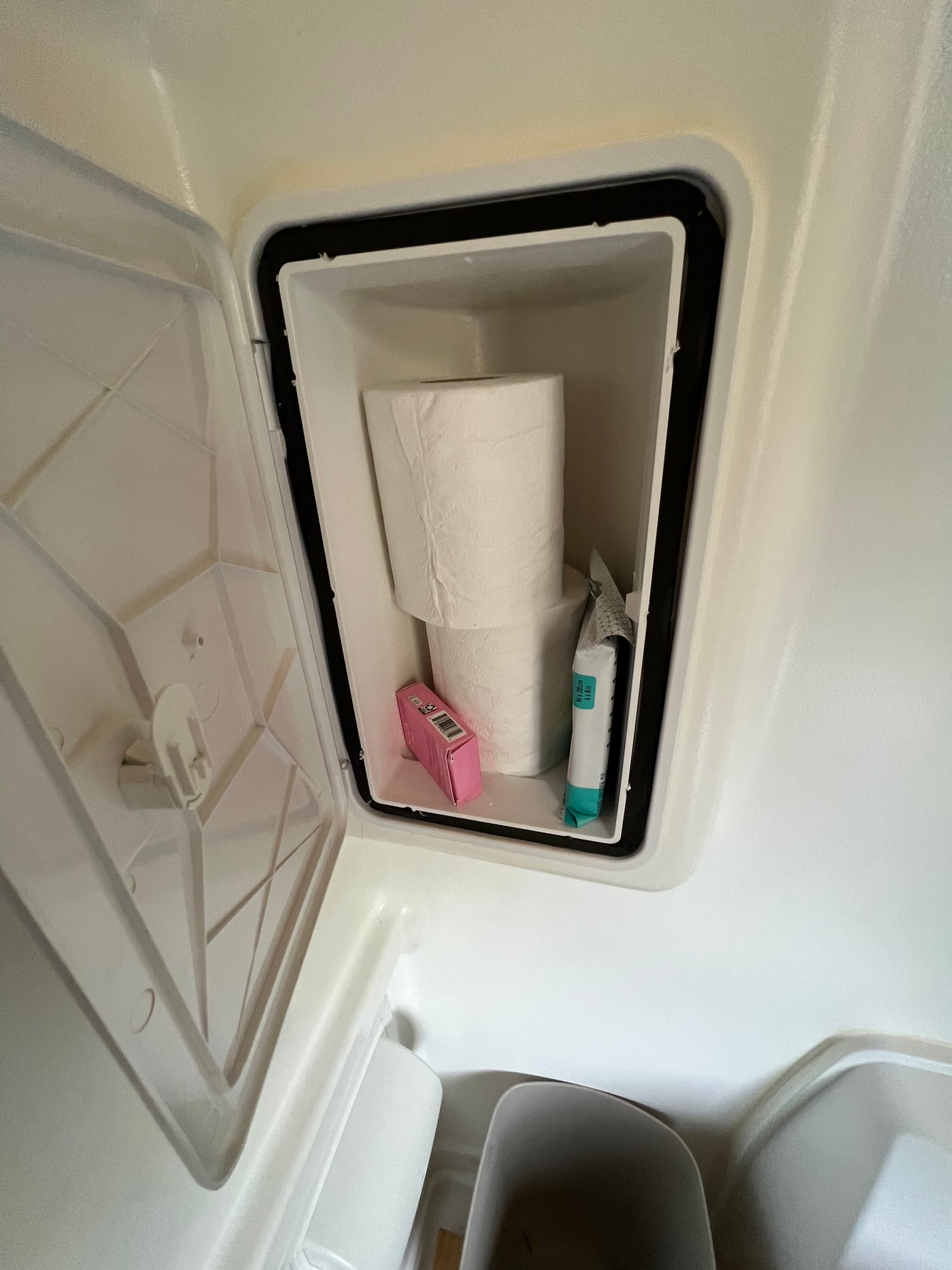 Open RV rental storage with toilet paper, a pink box, and a teal package. Essential compact bathroom supplies. — photo 15