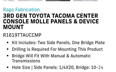 RagoFab 3RD GEN TOYOTA TACOMA CENTER CONSOLE MOLLE — new molle panels for sale (photo 4)