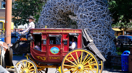 Enjoy a horse-drawn stagecoach ride past Jackson Hole's iconic antler arch. Complement your visit with an RV rental.