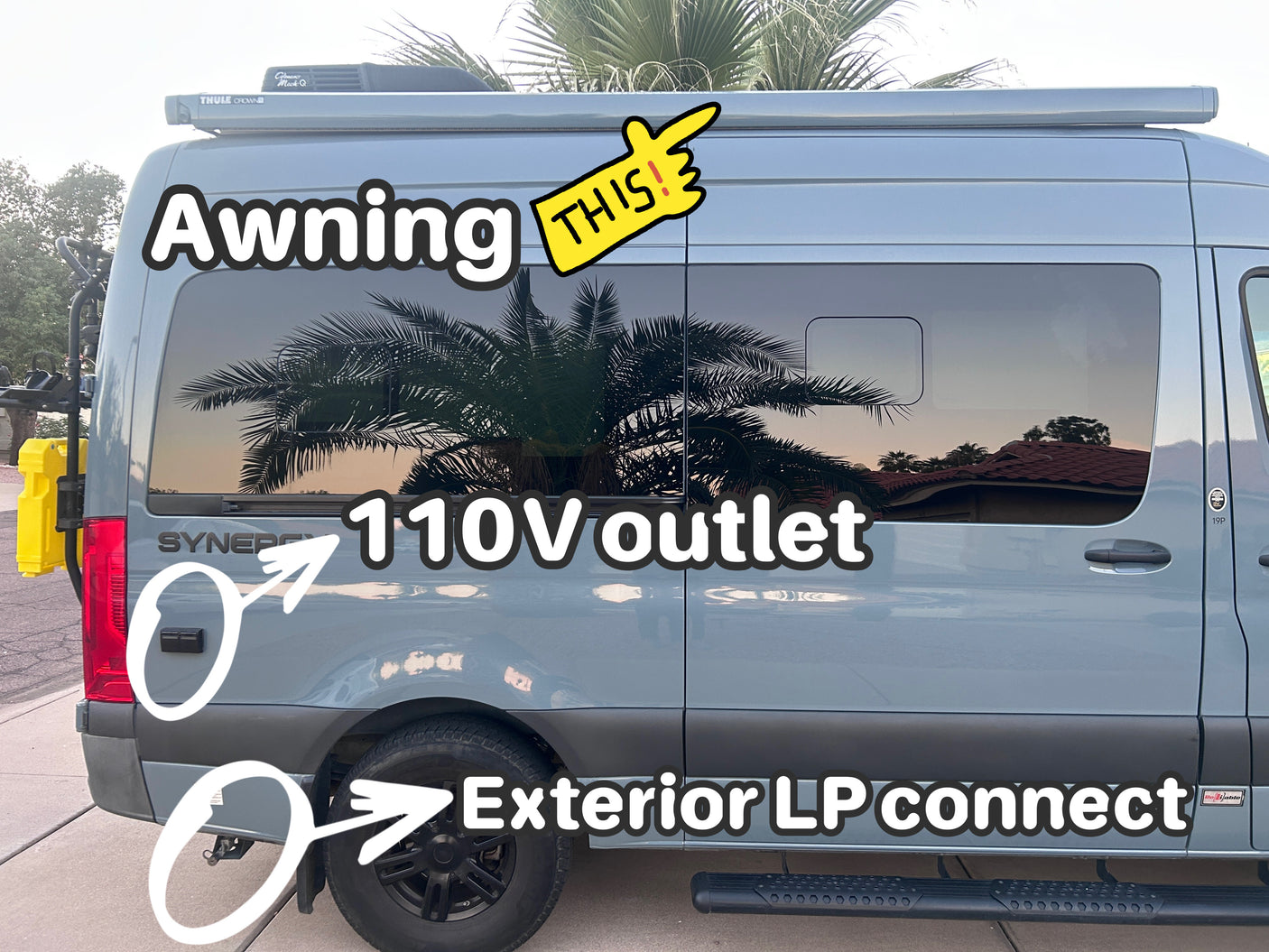 Explore this RV rental: overhead awning, rear 110V power outlet, and external LP gas hookup for convenience.