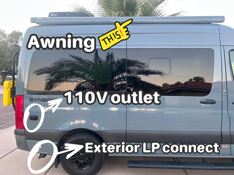 Explore this RV rental: overhead awning, rear 110V power outlet, and external LP gas hookup for convenience.