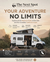 A white camper van RV rental from 'The Next Spot' in a scenic landscape, ready for National Parks & California adventures.