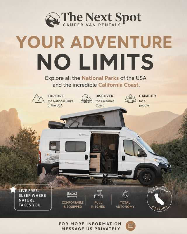 A white camper van RV rental from 'The Next Spot' in a scenic landscape, ready for National Parks & California adventures.