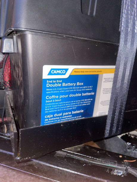 This CAMCO Double Battery Box, meeting marine specs, is ideal for an RV rental, housing two 6V GC2 or 24/24M batteries.
