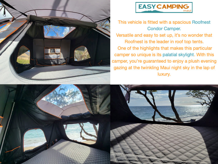 Experience Maui camping in this Roofnest Condor RV rental. Spacious interior, skylight, and ocean views from your roof top tent.