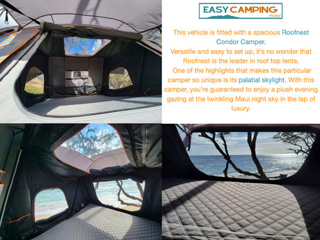 Experience Maui camping in this Roofnest Condor RV rental. Spacious interior, skylight, and ocean views from your roof top tent.