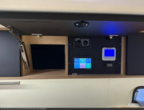 An RV rental's essential control panel showing battery status, Webasto heater settings, and AC thermostat for comfort.