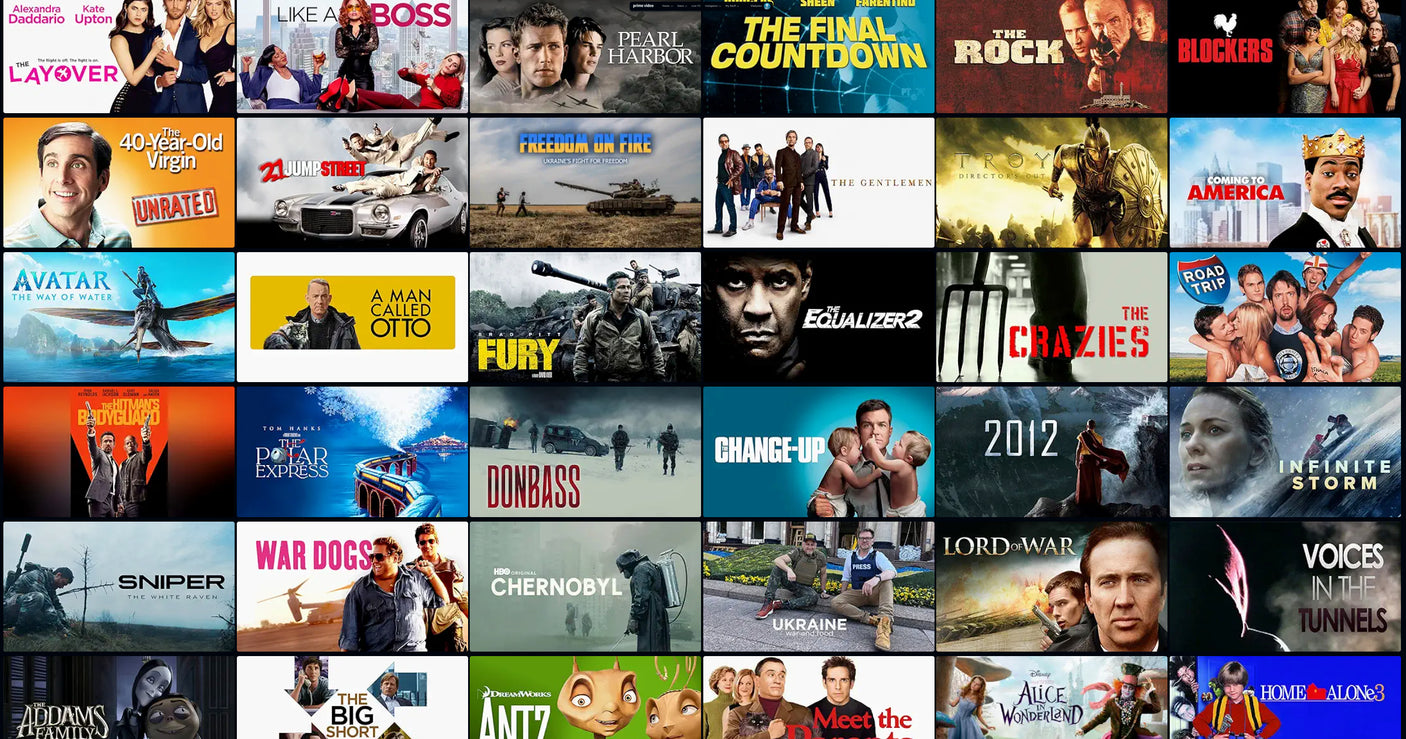 A grid of diverse movie and TV show covers, not for RV rental. Featuring films like 'Avatar,' 'Pearl Harbor,' and 'The Rock' for streaming.