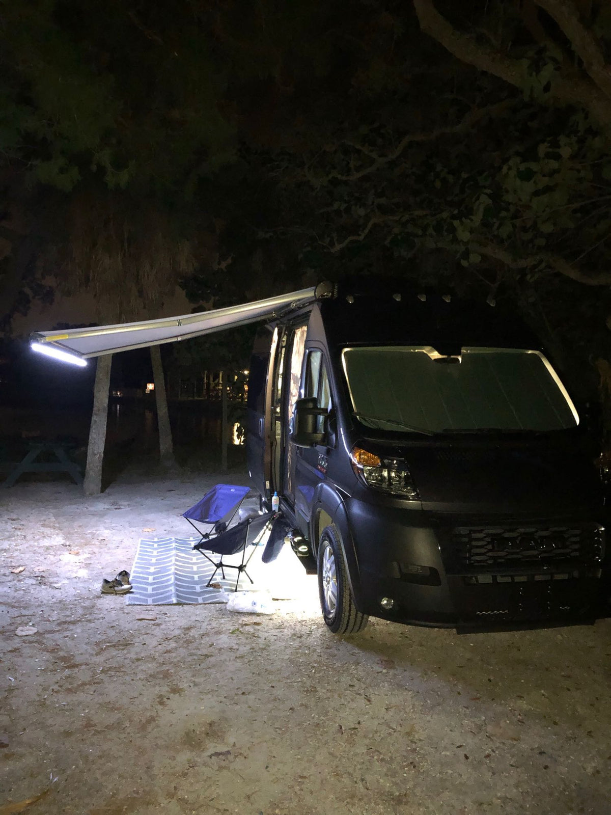 Dark camper van rv rental at night