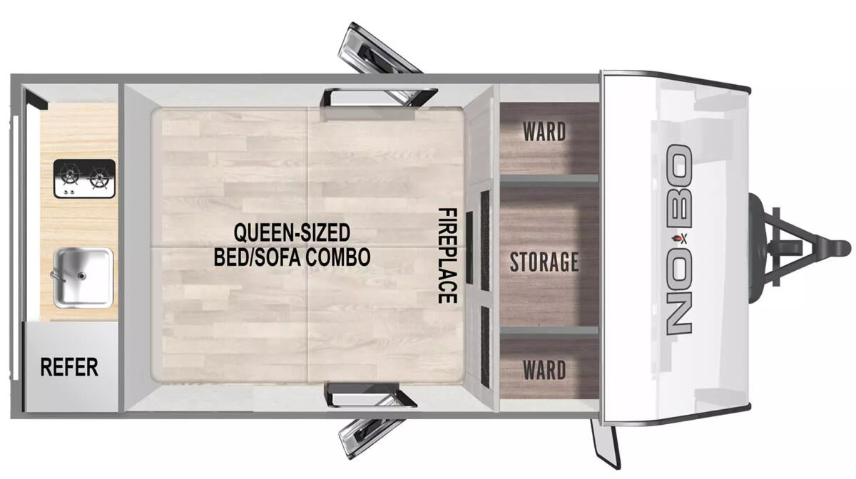 Explore this RV rental's cozy floor plan: queen bed/sofa, kitchen, storage, and a fireplace for comfort. — photo 12