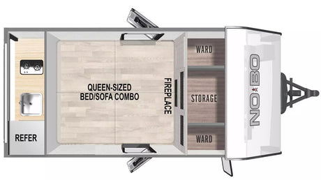 Explore this RV rental's cozy floor plan: queen bed/sofa, kitchen, storage, and a fireplace for comfort.