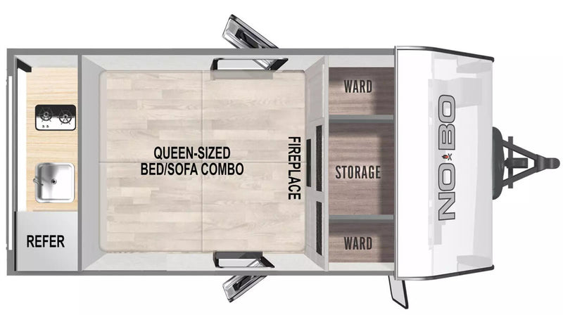 Explore this RV rental's cozy floor plan: queen bed/sofa, kitchen, storage, and a fireplace for comfort. — photo 12