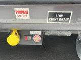 This RV rental utility panel details propane controls (capped port, switch, valve) and a low point drain. Essential for operation.