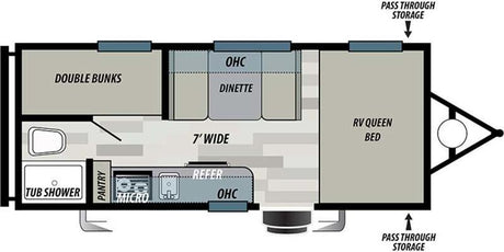 This RV rental interior layout shows a compact travel trailer floor plan with a queen bed, dinette, double bunks, kitchen, and bath.