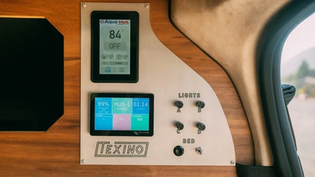 RV rental tech: A modern control panel with Aqua-Hot climate, Victron battery management, and light/bed controls.