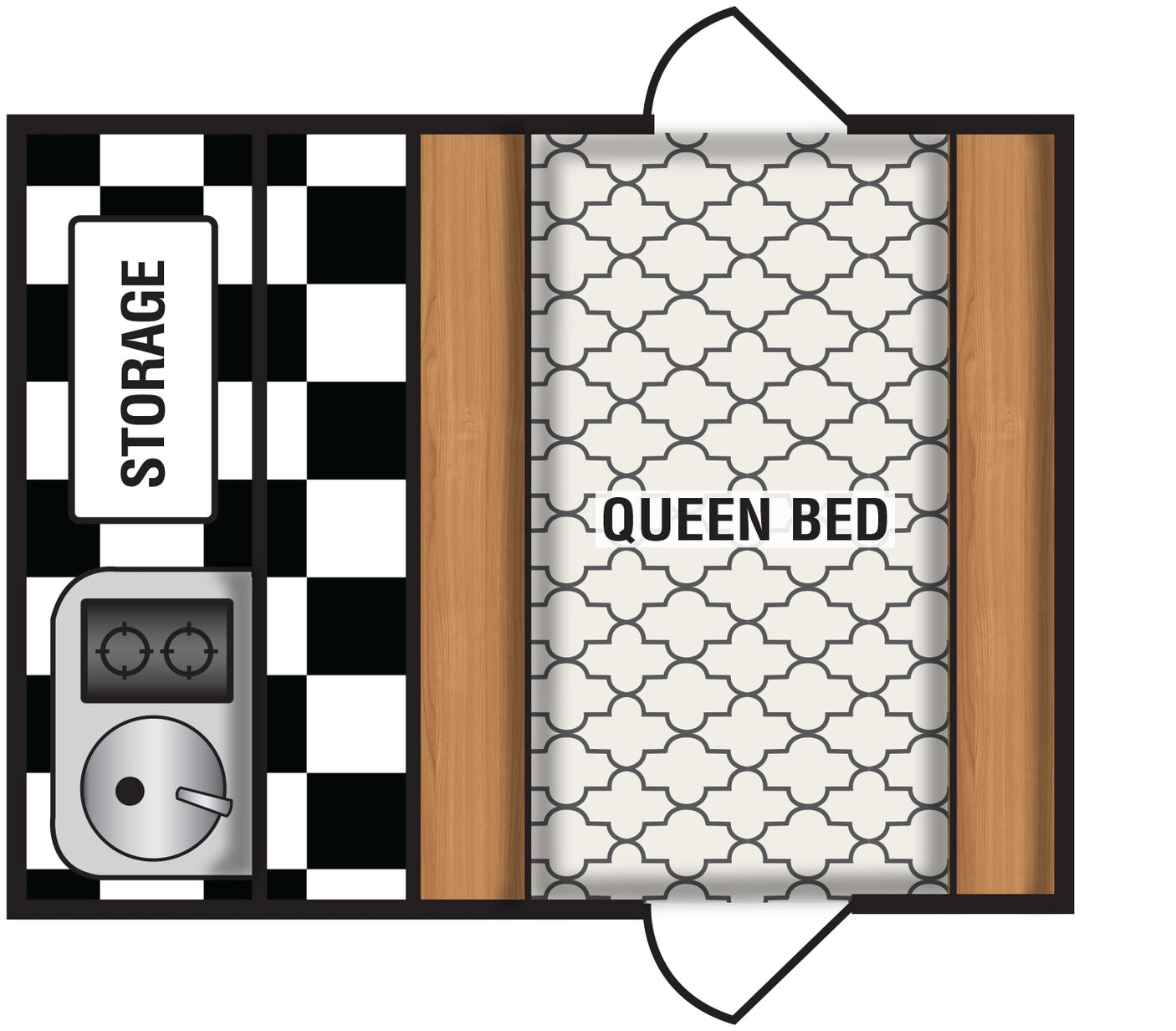 RV rental floor plan: compact interior with queen bed, storage, and checkerboard utility area.
