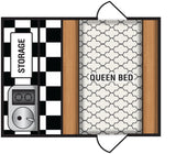 RV rental floor plan: compact interior with queen bed, storage, and checkerboard utility area.