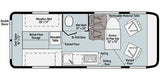 RV rental floor plan: Top-down view of a camper van's interior. Features a Murphy bed, wet bath, kitchen, and dining.