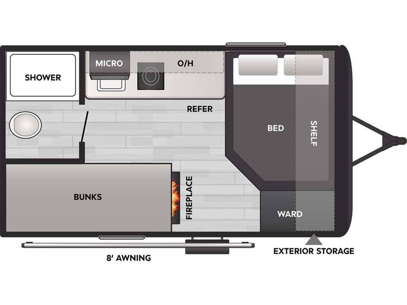  parked outdoors on a cloudy day.|RV rental floor plan: This compact layout features a master bed — photo 2