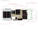 Floor plan of a 2021 Mode 4x4 rv rental camper van, detailing versatile storage, convertible lounge & kitchen area.