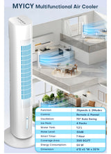 MYICY Multifunctional Air Cooler, ideal for home or an RV rental, highlighted with key specs like 70° auto swing & 30dB low noise for cool comfort.