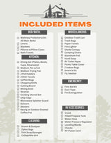 This RV rental checklist details included items for kitchen, bed/bath, cleaning, emergency, & miscellaneous accessories.