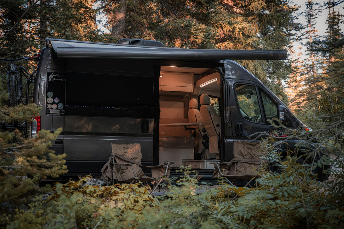 Experience nature with this stylish RV rental camper van parked in a serene forest, ready for adventure with its open interior and outdoor setup. — photo 6