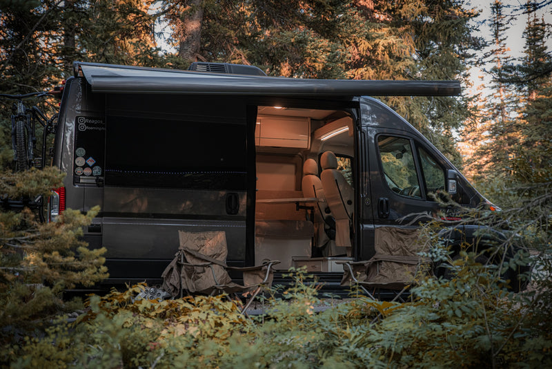 Experience nature with this stylish RV rental camper van parked in a serene forest, ready for adventure with its open interior and outdoor setup. — photo 6