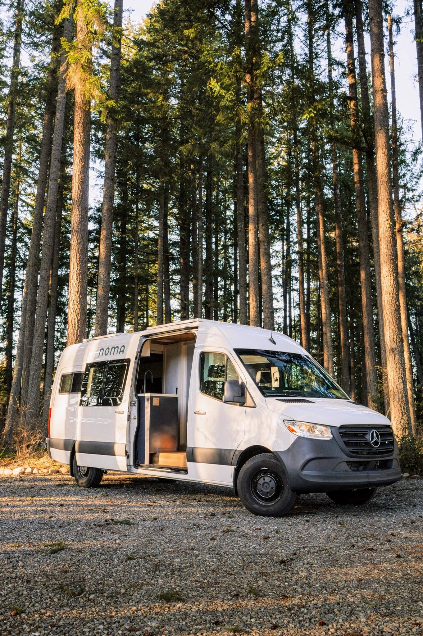 A modern NOMA rv rental camper van with its door open, parked on a gravel path amidst a dense forest. — photo 15