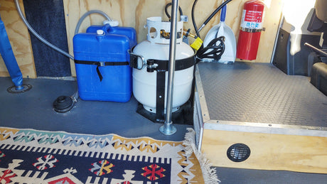RV rental setup: Organized storage with water tanks, propane, & safety gear in a compact camper interior.