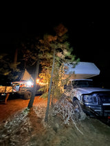 Serene night camping in the forest, featuring an RV rental camper truck and a rooftop tent setup.