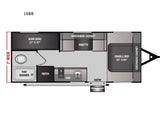 An RV rental 16BB floorplan: 7' wide layout with bunk beds (27x77), double bed (54x80), dinette, kitchen, & bath.