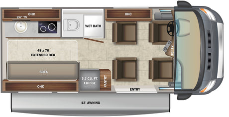 RV rental floor plan details: front living area (32" TV), wet bath, kitchen (24" TV, 5.3 cu. ft. fridge), and rear 48x76 bed/sofa.
