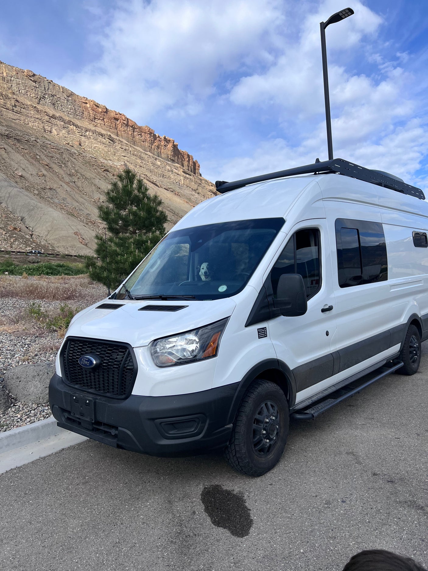 A white RV rental van with a happy dog, parked on asphalt by a towering rocky mountain and blue sky. Ready for adventure!