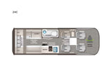 An RV rental floor plan (24C) highlighting interior features: fold-out sleeping, kitchen, bath, and swivel chairs.