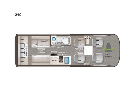 An RV rental floor plan (24C) highlighting interior features: fold-out sleeping, kitchen, bath, and swivel chairs.