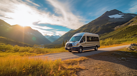 RV rental: A camper van on a scenic mountain road, bathed in warm sunset light. Experience nature's beauty and road trip adventure.