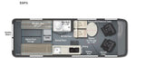 RV rental 59PX camper van floor plan, showing interior layout: bed, wet bath, kitchen, dining, and pop-top access.