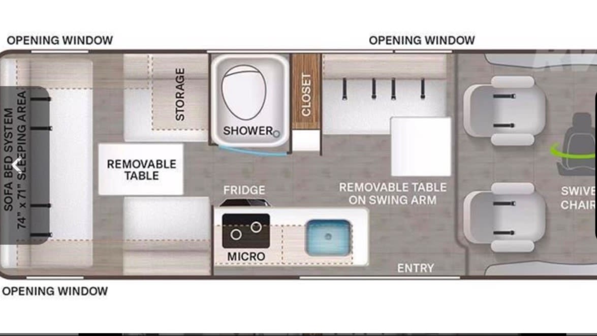  under a clear blue sky.|This RV rental floor plan shows a sofa bed (74"x71")